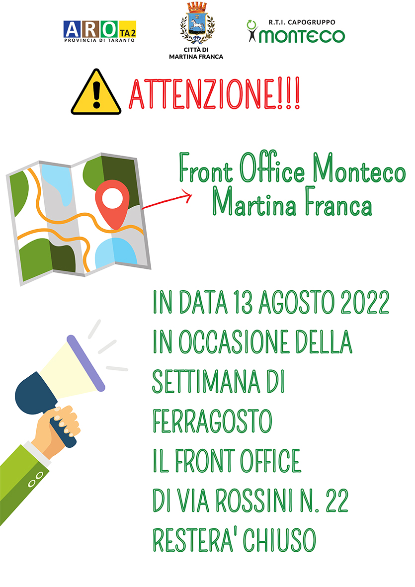 Martina Franca. Chiusura Front Office sabato 13 agosto 2022 per festività