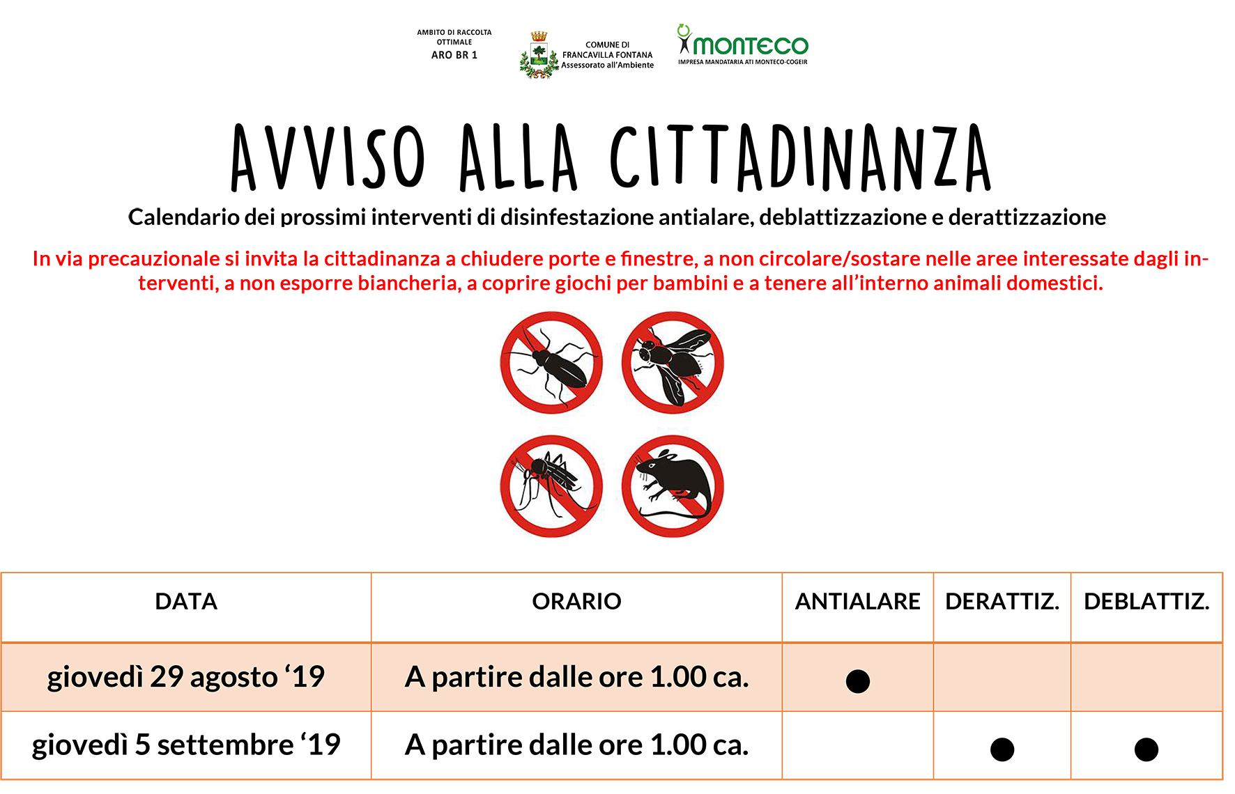 Francavilla Fonana. Calendario dei prossimi interventi di disinfestazione antialare, deblattizzazione e derattizzazione