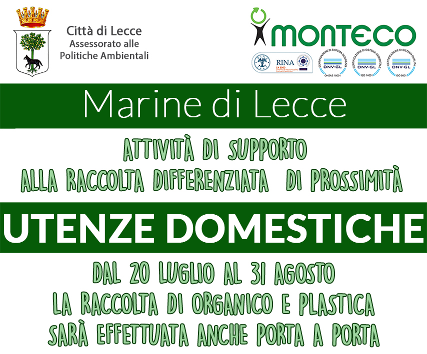 Lecce. Partirà il prossimo luglio un servizio di raccolta porta a porta di organico e plastica per le utenze domestiche nelle Marine leccesi